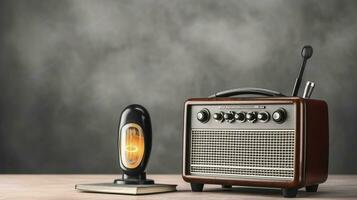 Retro radio and microphone on table against light wall. Generative AI photo