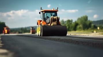 Roller rolling fresh hot asphalt on the new road. Road construction. Generative AI photo