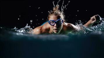 profesional mujer nadador en un ola. generativo ai foto