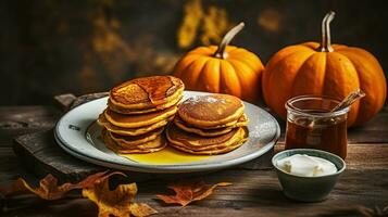 Pumpkin pancakes on rustic wood background, copy space. Generative AI photo