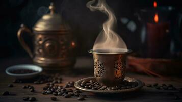 Steaming turkish coffee with coffee beans, tasty, close shot. Generative AI photo