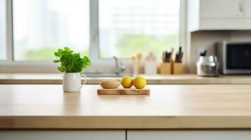 Wooden Tabletop Set against a Blurred Kitchen and Window Scene. Generative AI photo