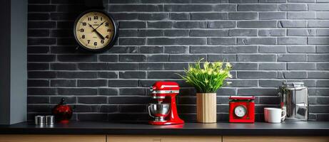 Wooden clock on black brick wall in trendy kitchen with red kitchen robot. Generative AI photo