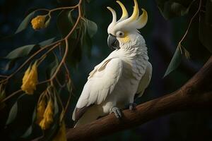 Yellow-crested cockatoo, standing on a tree branch gracefully. Generative AI photo