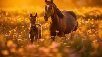 un yegua y sus bebé caballo en un campo de flores, en el estilo de dorado luz, generativo ai foto