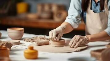 Cropped unrecognizable female artisan in apron sitting at table and rolling clay slab with pin while creating earthenware during pottery class, Generative AI photo