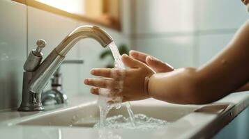 Anonymous kid washing hands at sink with pouring water from tap during daily hygiene routine in light bathroom at home, Generative AI photo