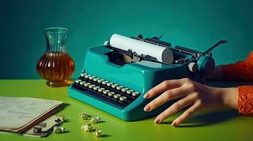 anónimo persona a mesa con vaso de vino y antiguo máquina de escribir. generativo ai foto