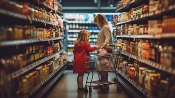 A young mother and her baby with a grocery cart choose food on a supermarket shelf. Generative AI photo