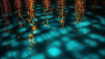 Top view of glowing lights reflecting on water surface in swimming pool at night, Generative AI photo