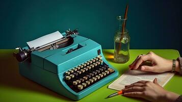 Unveiling Inspiration, A Mysterious Persona with a Glass of Wine and an Old Typewriter, Surrounded by a Captivating Two-Colored Setting. Generative AI photo