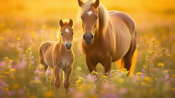un yegua y sus bebé caballo en un campo de flores, en el estilo de dorado luz, generativo ai foto