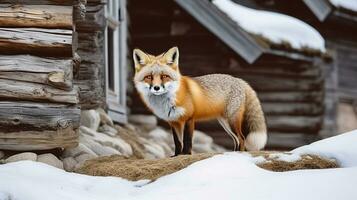 Wild red fox with long fur and fluffy tail standing looking at camera on snowy ground against wooden cabin with logs in winter nature. Generative AI. photo