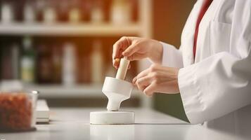 Anonymous female pharmacist in white robe grinding medical ingredient and using mortar and pestle, Generative AI photo