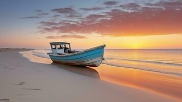 A Majestic Boat Gracefully Resting on the Pristine Sandy Beach, Bathed in the Warm Hues of a Mesmerizing Sunset. Generative AI photo