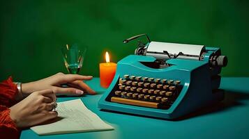Anonymous person at table with glass of wine and old typewriter. Generative AI photo