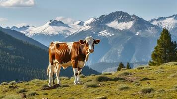 Cow stands in high alpine meadow, snowy mountains behind. Generative AI photo