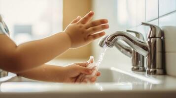 anónimo niño Lavado manos a lavabo con torrencial agua desde grifo durante diario higiene rutina en ligero baño a hogar, generativo ai foto