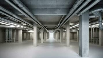 Empty basement of modern building with concrete columns with metal pipelines and plumbing system with electric lines on ceiling, Generative AI photo