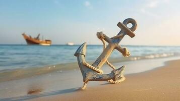 Anchor with rope on sand near sea. Generative AI photo