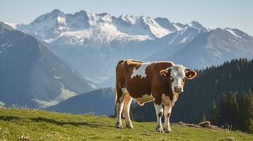 A Picturesque Scene of a Cow at Peace in the High Meadows, Towering Snowy Mountains as the Backdrop. Generative AI photo