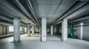Empty basement of modern building with concrete columns with plumbing system. Generative AI photo