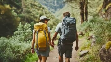 Cheerful couple of hikers in casual clothes with backpacks walking on path in forest and smiling during hiking trip. Generative AI photo