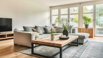 Comfortable corner couch and wooden coffee table placed in front of modern TV set in cozy spacious lounge room in house on sunny day, Generative AI photo