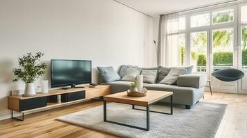 cómodo esquina sofá y de madera mesa metido en frente de moderno televisión conjunto en acogedor espacioso salón habitación, generativo ai foto