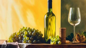 A bottle of wine and white grapes in the sun, in the style of luminous color palette, Generative AI photo