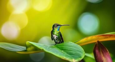 A Delicate Colibri Perched on a Green Leaf Amidst a Verdant Tapestry of Foliage on blurred background. Generative AI photo