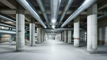 Empty basement of modern building with concrete columns with metal pipelines and plumbing system with electric lines on ceiling, Generative AI photo