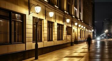 Building with street lights on avenue at night, long exposure view of walking humans, Generative AI photo