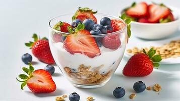 Delicious homemade yogurt with strawberries, berries and cereals on white background, Generative AI photo