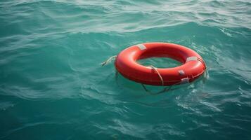 un rojo boya salvavidas flotadores en el olas de el turquesa mar. generativo ai foto
