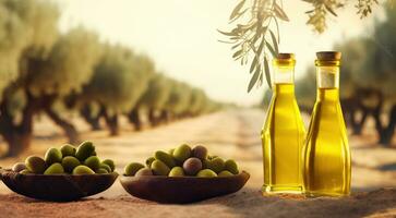 Golden olive oil bottles with olives leaves and fruits setup in the middle of rural olive field with morning sunshine. copy space. Generative AI photo