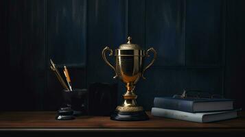 Winner trophy on blue and black wooden counter, in the style of realistic contemporary, Generative AI photo