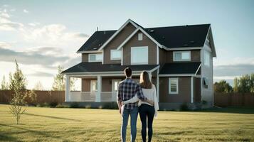 joven familia mirando a su nuevo hogar en pie con su espaldas, real inmuebles compra, inversión concepto. generativo ai foto