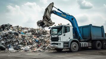 Heavy equipment in the front of a truck dumping piles of garbage, in the style of light white and azure, Generative AI photo