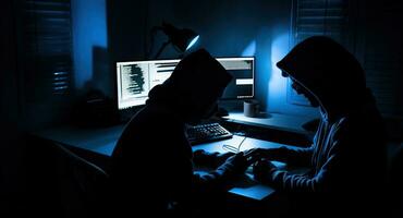 Two people sitting at a computer desk in the dark, in the style of cybernetic, luminous shadows, Generative AI photo