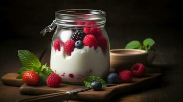 Indulge in the Creamy Delights of Yogurt, Embellished with Juicy Berries, Raspberries, and Fragrant Mint. Generative AI photo