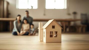 House model, family sitting on home floor, in the style of blurred, grant wood, natural materials, Generative AI photo