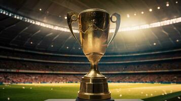 The Champion's Gold Cup Stands Tall as the Exalted Prize in the Football Stadium. Generative AI photo