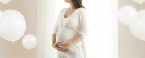 Young pregnant woman in neutral tone, in the style of shaped canvas, light white, high-key lighting, Generative AI photo