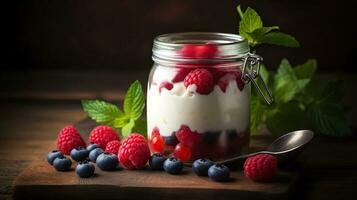 A jar of yogurt with berries, raspberries, and mint. Generative AI photo