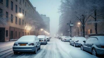 anormal grabar nevada paralizado infraestructura de ciudad, carros tiene atascado en nieve. invierno problema de ciudad. generativo ai foto