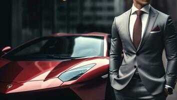 The Affluent Gentleman Embraces Luxury, Posing Beside a Phenomenal Supercar. Generative AI photo