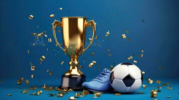 Golden cup, soccer ball and confetti on blue, in the style of realistic sculptures, luxurious interiors, Generative AI photo