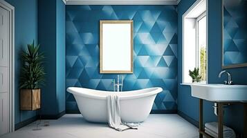Tranquil Oasis, A Bathtub Haven in Blue and White Bathroom. Generative AI photo