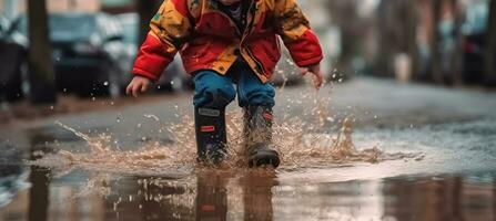 pequeño Niños Tiempo de juego en el charco, generativo ai foto